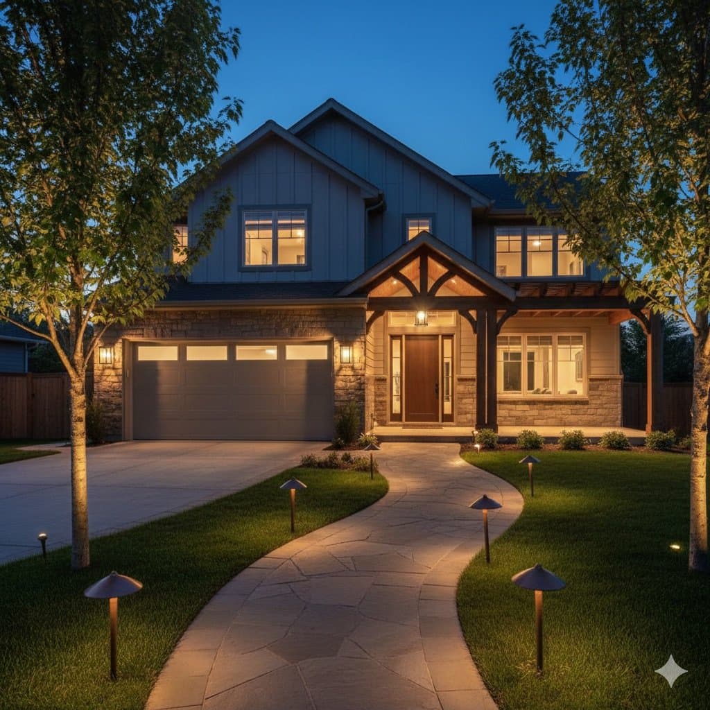 Deck and landscape lighting installed by Berlin Electric at dusk